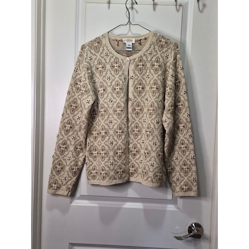 Talbots Beige Floral Embroidered Diamond Knit Cardigan Sweater  L Ramie Cotton